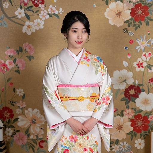 Photograph of an Asian woman with dark hair in a white floral kimono, standing against a gold, floral-patterned backdrop.