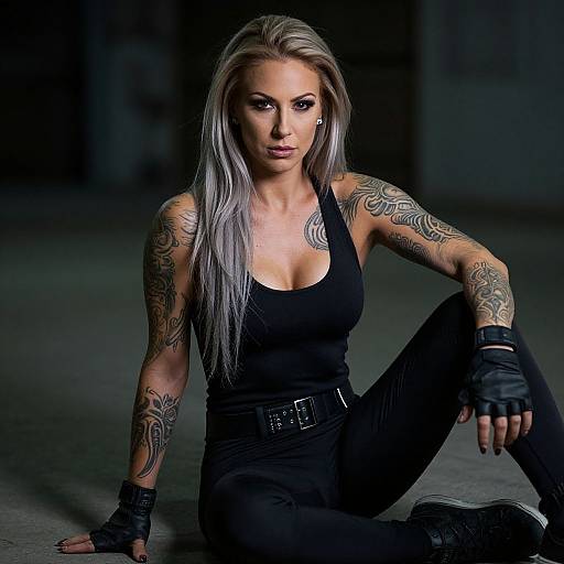 Photograph of a tattooed, silver-haired woman with large breasts, wearing a black tank top and pants, seated on a dark floor. She has