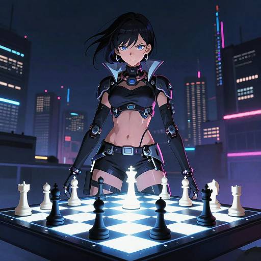 Cyberpunk Anime Girl with Neon Chessboard