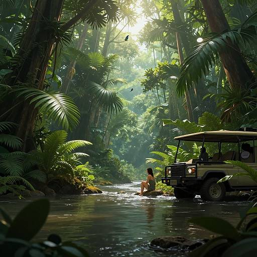 Digital artwork of a lush jungle with sunlight filtering through trees, a person sitting in a shallow stream, and a parked off-road vehicle on the right.