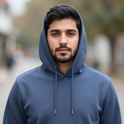 Photograph of a young man with medium skin tone, short black hair, and trimmed beard, wearing a blue hooded sweatshirt, standing in a