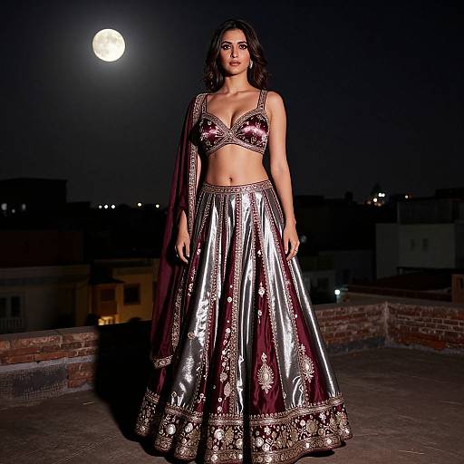 Photograph of a dark-haired woman in a maroon and silver, ornately embroidered traditional outfit, standing under a full moon on a rooftop at night