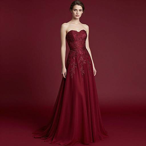 Photograph of a woman with dark hair in an elegant, strapless, deep red, lace-embellished gown, standing against a matching red