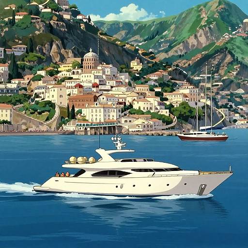 Luxury Yacht Sailing Near Amalfi Coast in Miyazaki Style