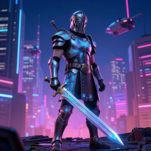Futuristic Roman Soldier in Cyberpunk City
