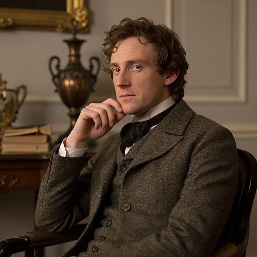 Photograph of a curly-haired, fair-skinned man in a Victorian-style gray tweed suit, seated, chin resting on hand, with a vintage