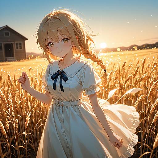 Girl in White Dress in Wheat Field at Sunset