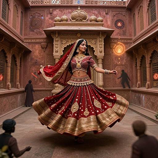 Photograph of an Indian dancer in a red and gold traditional lehenga, adorned with jewelry, performing in an ornate, dimly-lit M