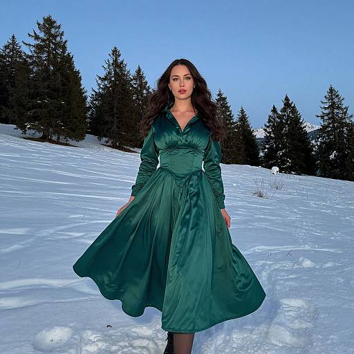 Photograph of a woman with long dark hair, wearing a green, long-sleeved, full-skirted dress, standing in a snowy forest