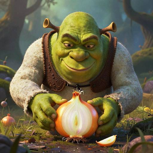 CGI image of a green-skinned, bald ogre with horns, smirking as he holds a glowing onion in a mystical forest.