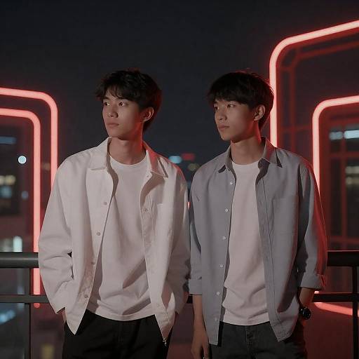 Two Young Men on Balcony with Neon Lights