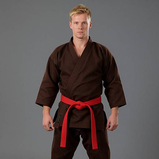 Photograph of a blonde Caucasian man with short hair, wearing a black karate gi with a red belt, standing against a plain blue-gray background.
