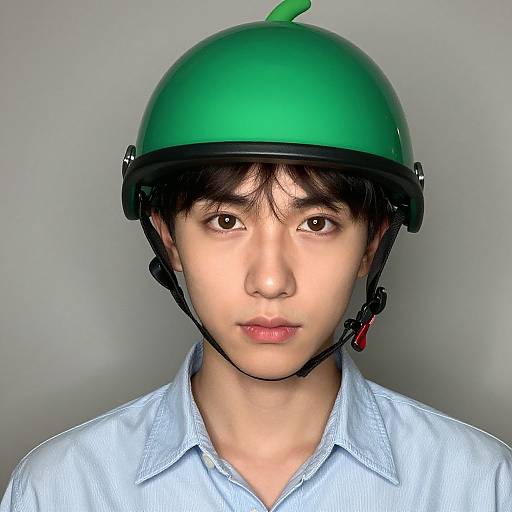 Photograph of an East Asian man with fair skin, black hair, green helmet, blue button-up shirt, neutral expression, gray background.