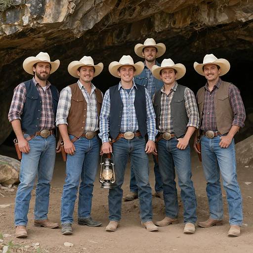 Group of Cowboys Standing by Cave Entrance