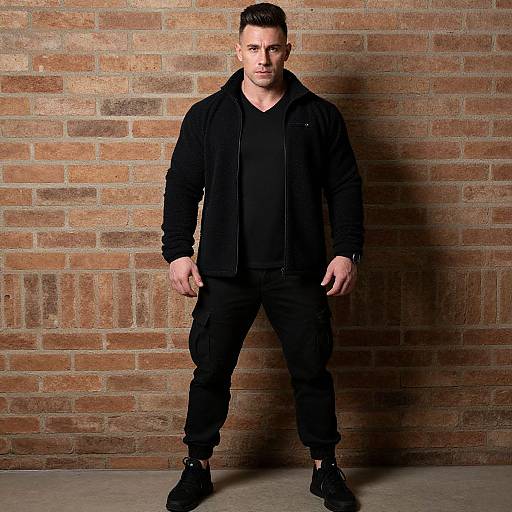 Muscular man in black casual outfit against brick wall