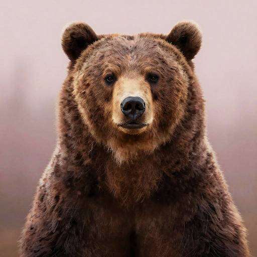 Photograph of a large, brown bear with thick fur, dark eyes, and a black nose, standing against a blurred, light-colored background.
