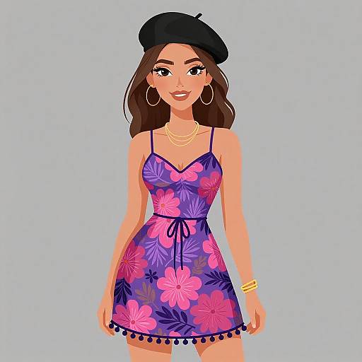 Digital illustration of a smiling woman with medium skin tone, brown hair, wearing a black beret, purple floral dress, gold jewelry, and hoop earrings