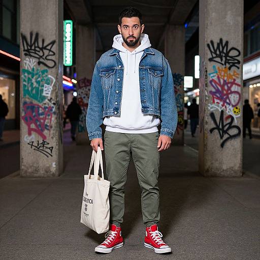 Photograph of a bearded man with short dark hair, wearing a blue denim jacket, white hoodie, green pants, and red sneakers, carrying a