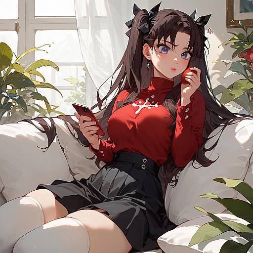 Surprised Rin in Cozy Living Room