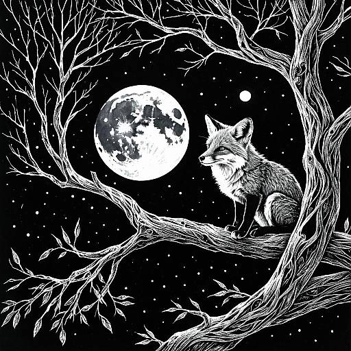 Intricate Fox on Willow Tree with Full Moon