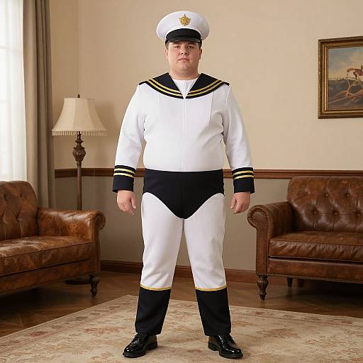 Photograph of a heavyset man in a white naval uniform with black trim, standing in a living room with brown leather chairs and a table lamp.