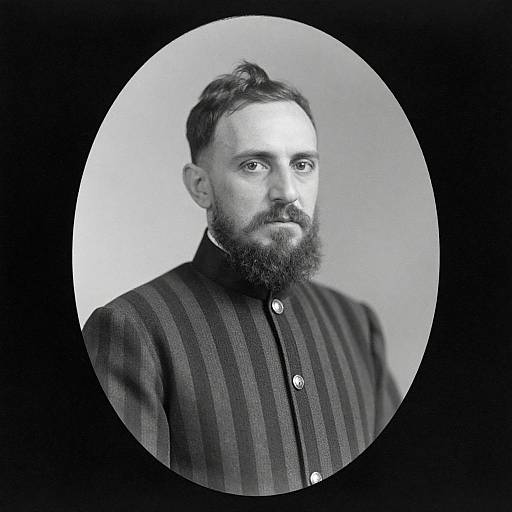 Black-and-white oval portrait of a bearded man with a striped, high-collared shirt, looking slightly to the right. Early 20th