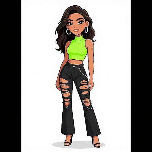 Digital illustration of a confident woman with long black hair, wearing a neon green crop top, black ripped jeans, and black high heels. She has hoop