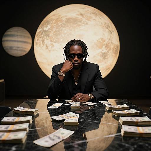 Photograph of a Black man with dreadlocks, sunglasses, black suit, and gold watch, sitting at a marble table with stacks of money, large