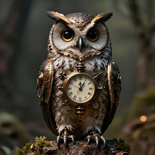 Photograph of a steampunk owl with metallic feathers, large yellow eyes, and a clock face on its chest, standing on a mossy rock