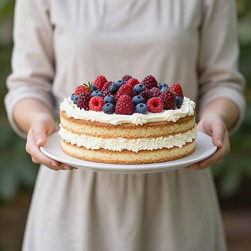 Photograph of a person in a beige dress holding a two-layer cake with white frosting and fresh berries, including raspberries and blueberries, against a