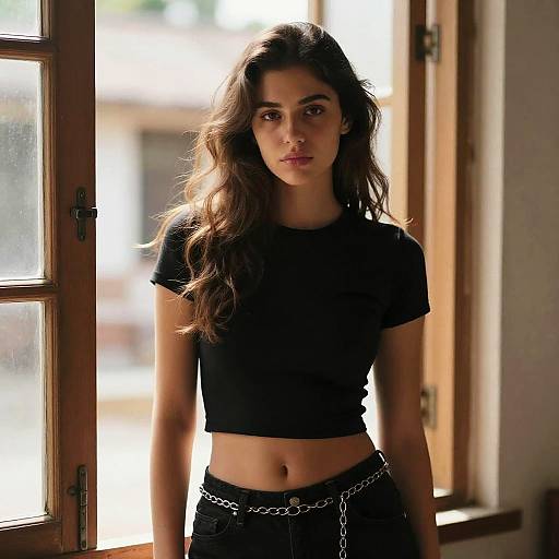 Photograph of a young woman with long, wavy brown hair, wearing a black crop top and black pants with a silver chain belt, standing in