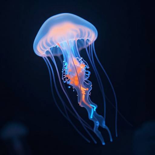 Photograph of a glowing blue and orange jellyfish with translucent tentacles against a dark blue background, highlighting its ethereal and bioluminescent appearance