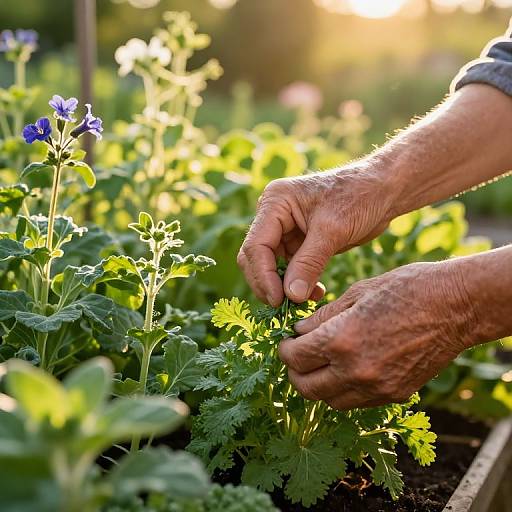 Photograph of sunlit garden: aged hands gently pruning vibrant blue flowers and lush green foliage, sunlight creating a warm, golden glow.