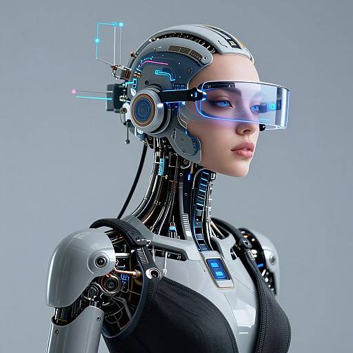 Photorealistic digital art of a female cyborg with blue visor, metallic headgear, and exposed mechanical neck and shoulders, against a gray background