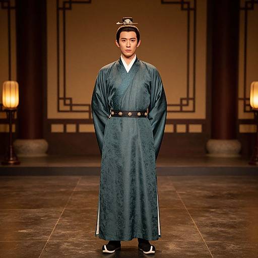 Photograph of a young Asian man in a traditional blue silk Korean hanbok, standing centered on a dimly lit stage with lanterns.