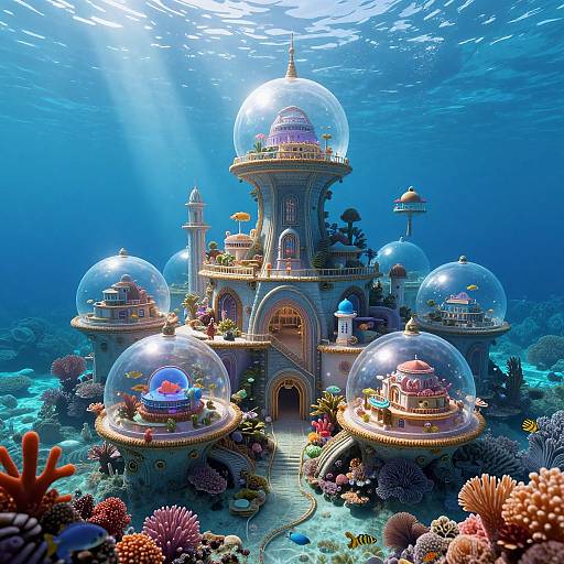 Underwater photograph of a whimsical, domed palace with colorful coral reefs, sunbeams, and miniature buildings, surrounded by glass domes.