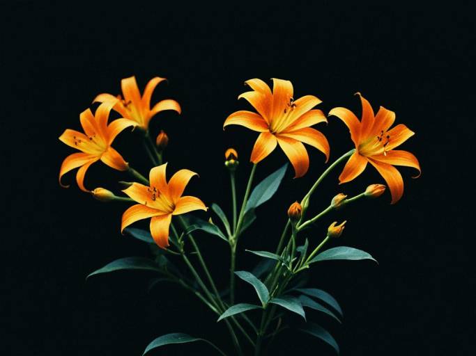 Dark Garden with Glowing Orange Flowers