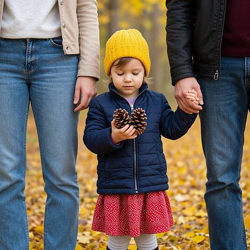 Photograph of a young girl in a yellow hat, navy jacket, red polka-dot skirt, holding pinecones, standing between two adults in