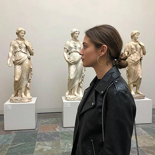 Woman in Leather Jacket Observing Ancient Statues
