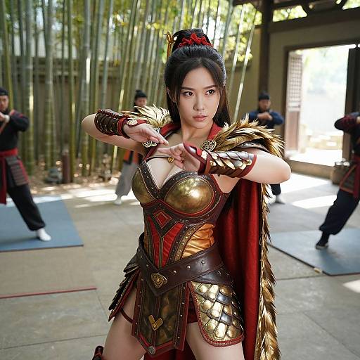 Photograph of an Asian woman in detailed, gold and red gladiator armor, performing a martial arts stance, with bamboo trees and two masked guards in