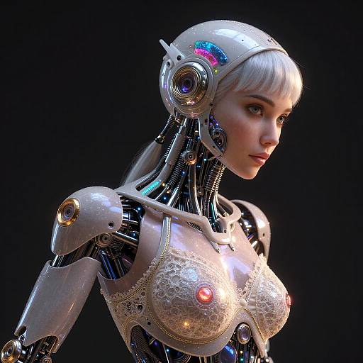 Photorealistic CGI of a female robot with silver hair, intricate white lace bra, and glowing mechanical eyes, set against a black background.