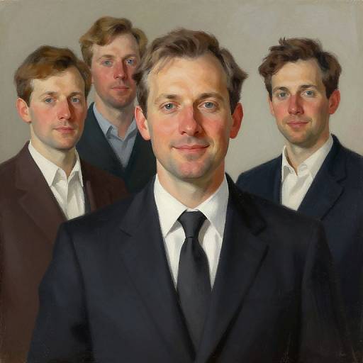 Digital painting of five Caucasian men with light brown to dark brown hair, wearing black suits and white shirts, standing in a row against a plain background.
