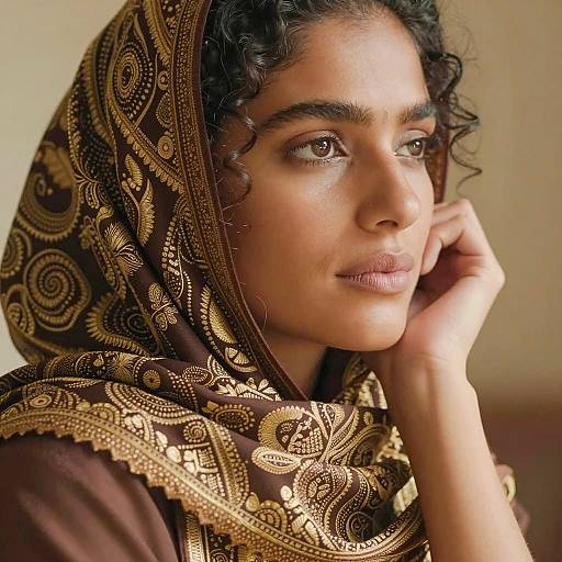 Woman in Brown Scarf with Gold Embroidery
