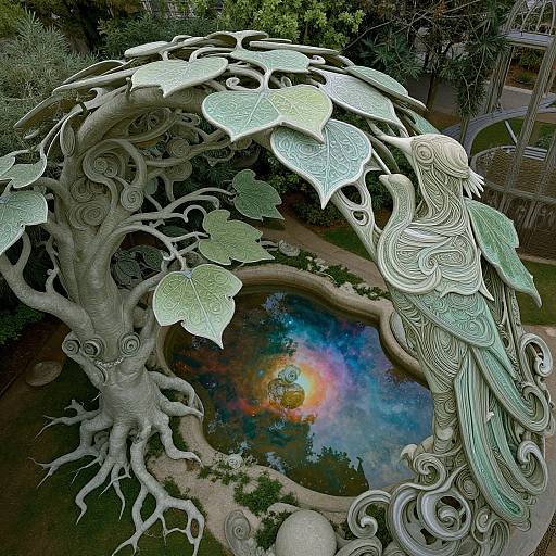 Photograph of an intricately carved, fantasy-style stone arch with a green dragon, large leaves, and a colorful, glowing pond below.