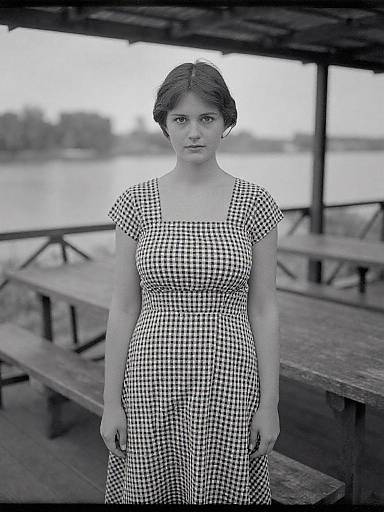 Black-and-white photograph of a young woman with short, dark hair, wearing a checkered dress, standing in front of a wooden picnic table by a