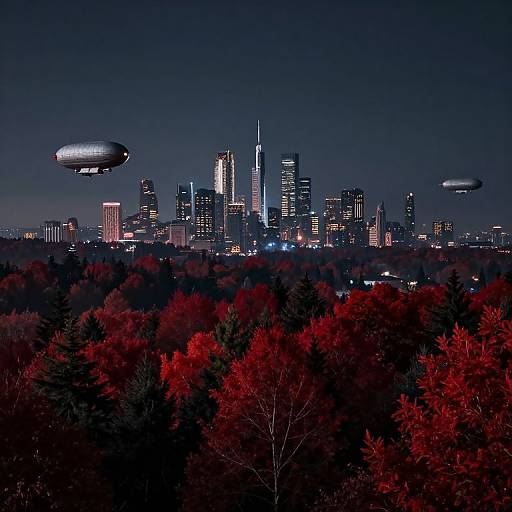 Nighttime photograph of a city skyline with illuminated skyscrapers, surrounded by red-tinged autumn trees, and two flying zeppelins in