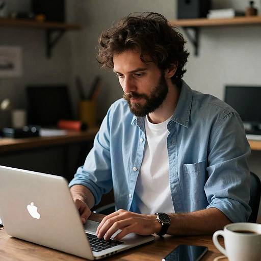 Focused Man Working in Cluttered Workspace