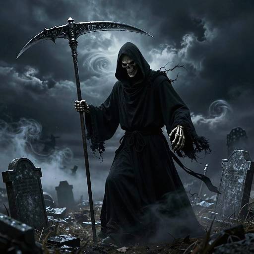 Grim Reaper in black hooded robe, holding scythe, standing amidst a stormy, cloudy night with eerie, swirling clouds and crumbling tombstones
