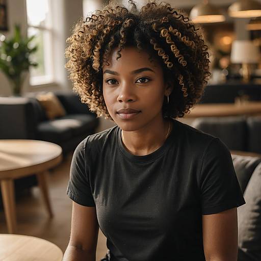 Portrait of Woman with Curly Afro in Black T-Shirt