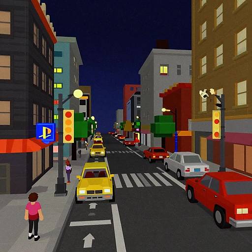 Pixel art of a nighttime city street with yellow taxis, red cars, pedestrians, traffic lights, and lit buildings.